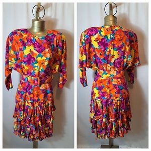 Vintage 1980s Spencer Jeremy 100% Silk Flowered Dress With Dolman Padded Sleeves